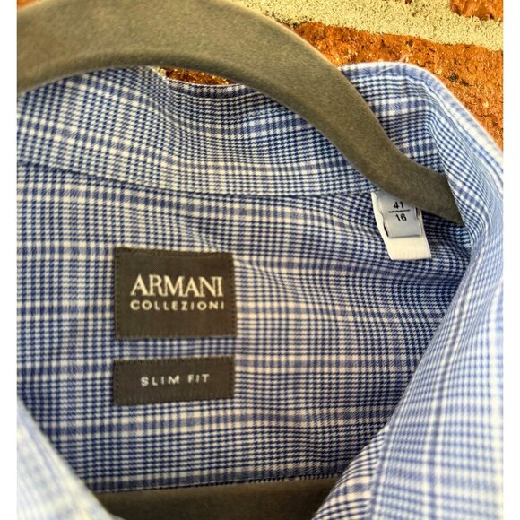 Armani Collezioni Men’s Slim Fit Dress Shirt Blue Check Long Sleeve Size 41/16 - Picture 4 of 8